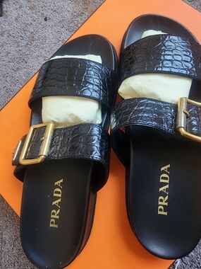 Prada Black Croc-Embossed Leather Slide Sandals with Gold Buckles